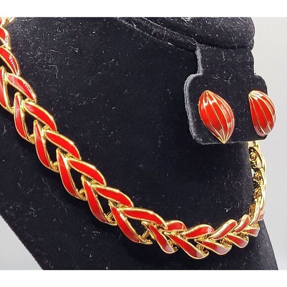 Napier Demi Parure Earring and Necklace Set Red Enamel on Gold Braided 16in - Picture 1 of 4